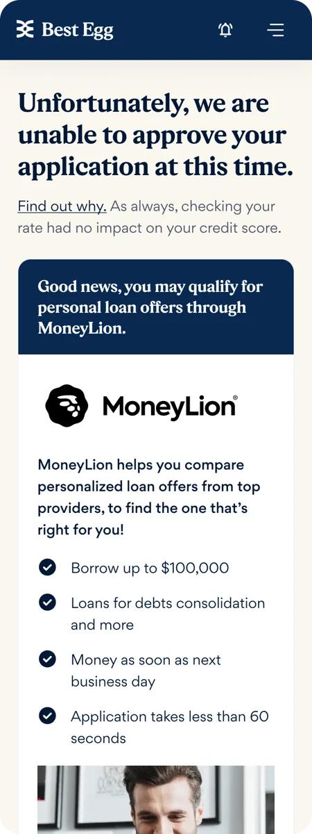 Loan decline screen in the Best Egg app
