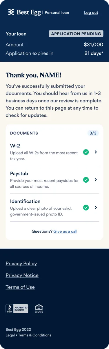 Documents submitted confirmation screen